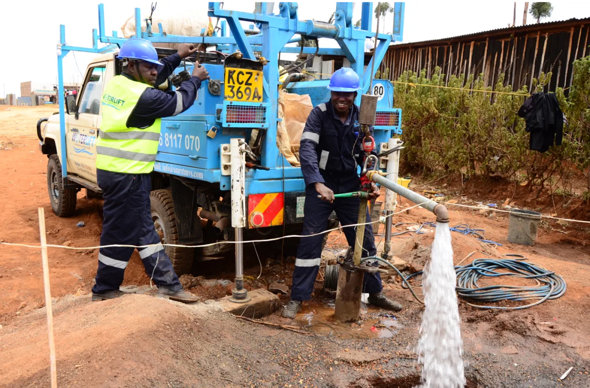 Waterlift technicians test-pumping a newly drilled borehole in Kenya